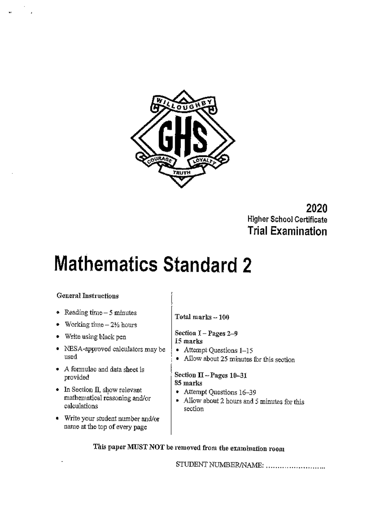 2020 HSC Trial Exam Mathematics Standard 2 - General Instructions - Studocu