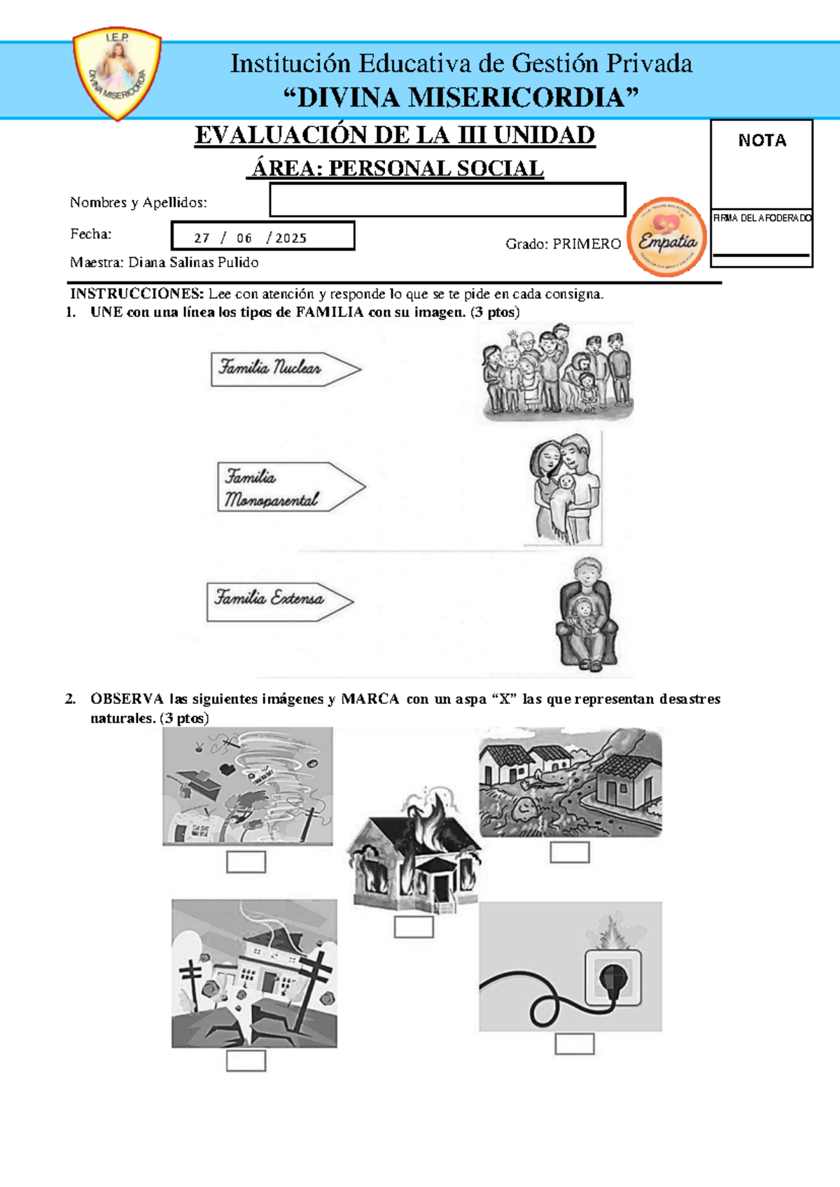 Evaluación de la Unidad: Personal Social 1ero - Examen III - Studocu