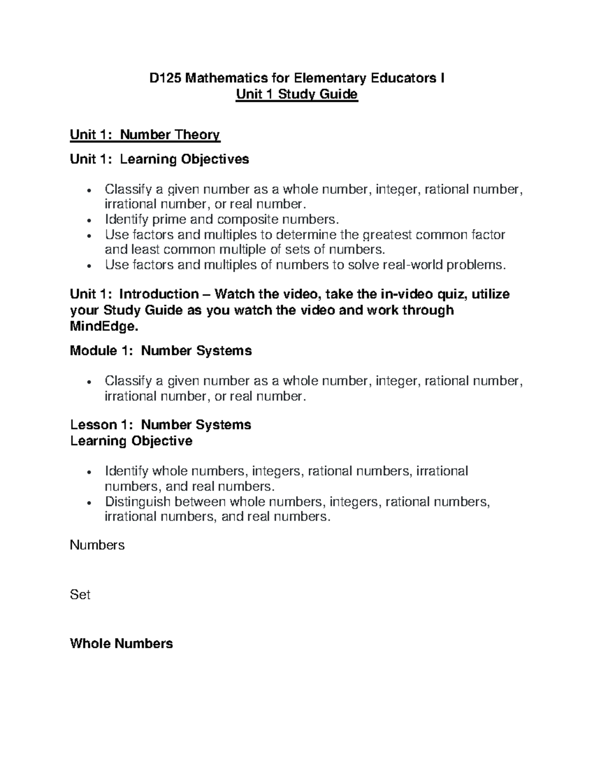 D125 Unit 1 Study Guide - D12 5 Mathematics for Elementary Educators I ...