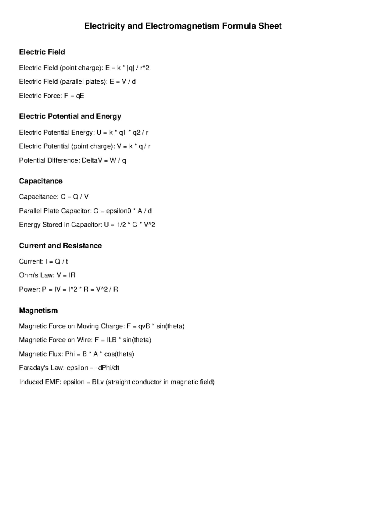 Electricity Electromagnetism Formula Sheet - Electricity and ...