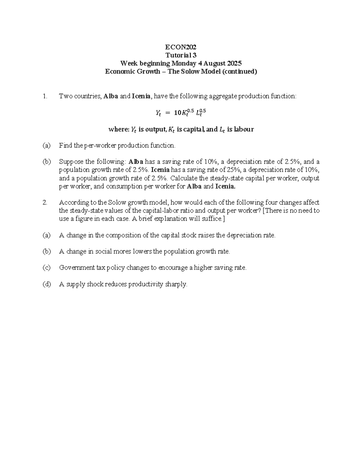 ECON202 Tutorial 3: Economic Growth & The Solow Model Analysis - Studocu