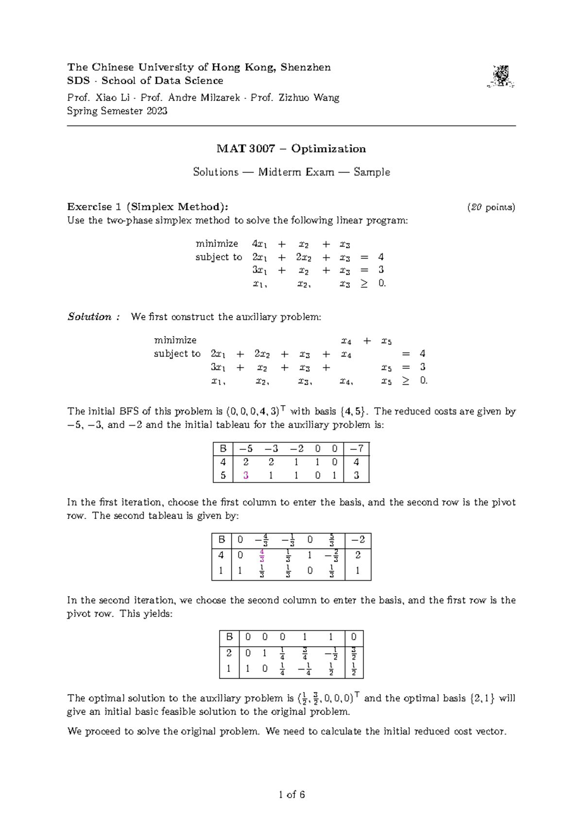 MAT 3007 Optimization Midterm Exam Solutions - Spring 2023 - Studocu