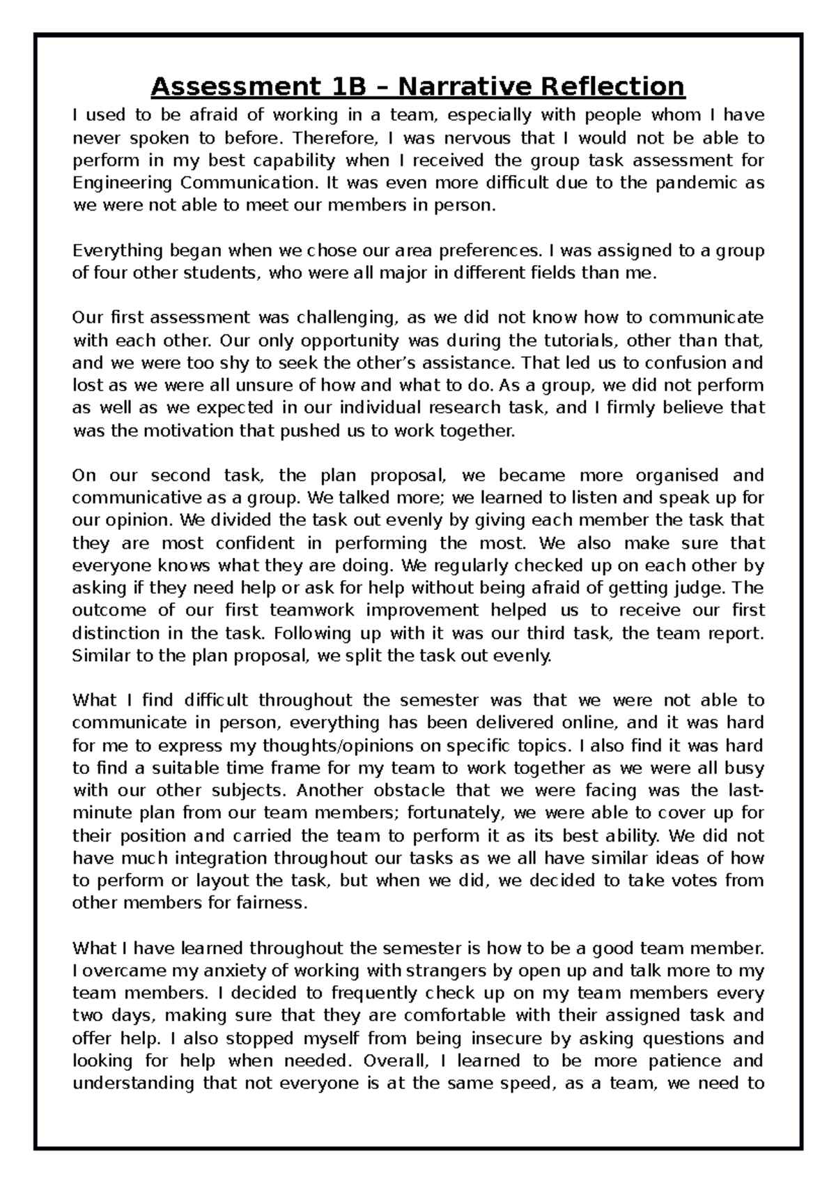 ENGC 1B – Narrative Reflection on Teamwork Challenges and Growth - Studocu