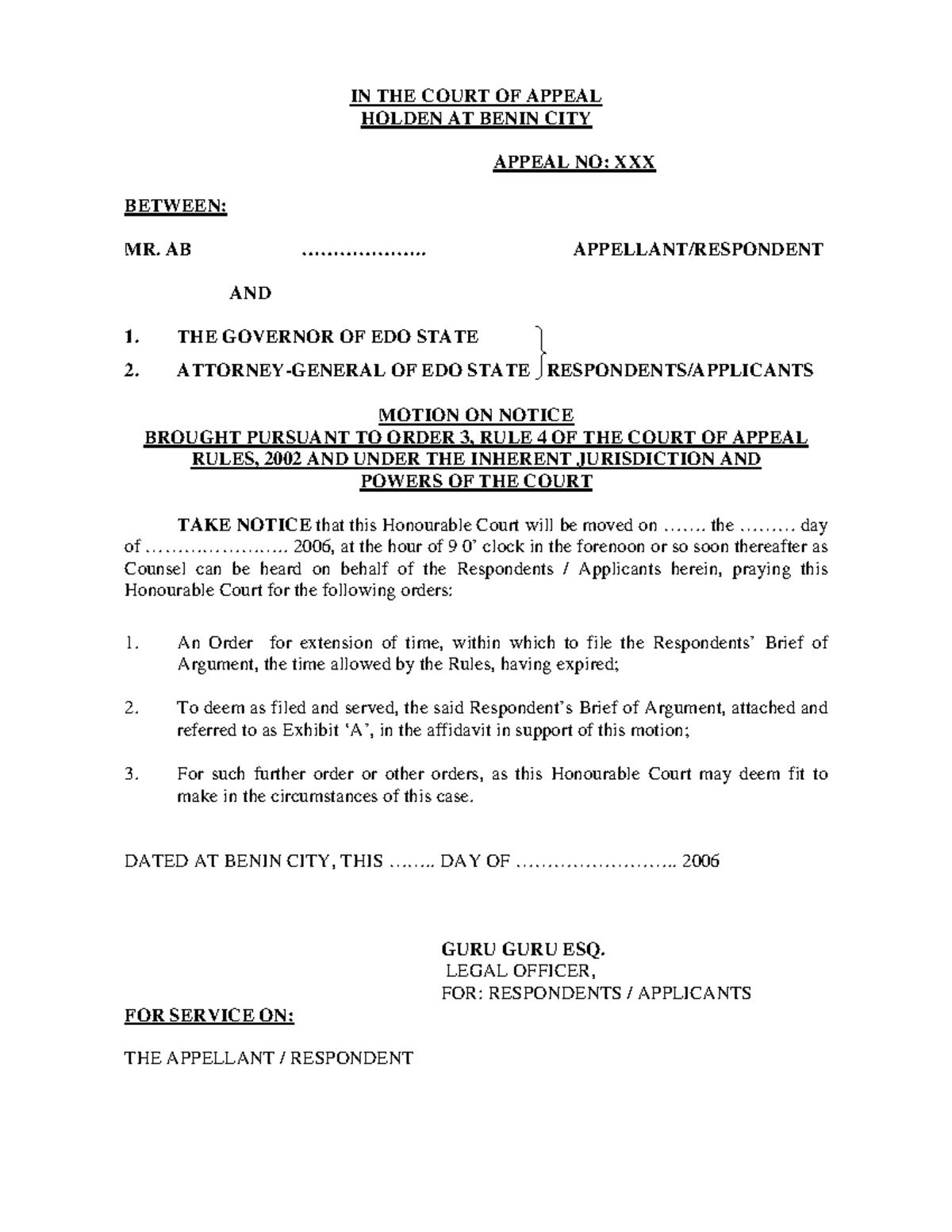 Motion on Notice for Extension of Time to File Respondent's Brief - Studocu