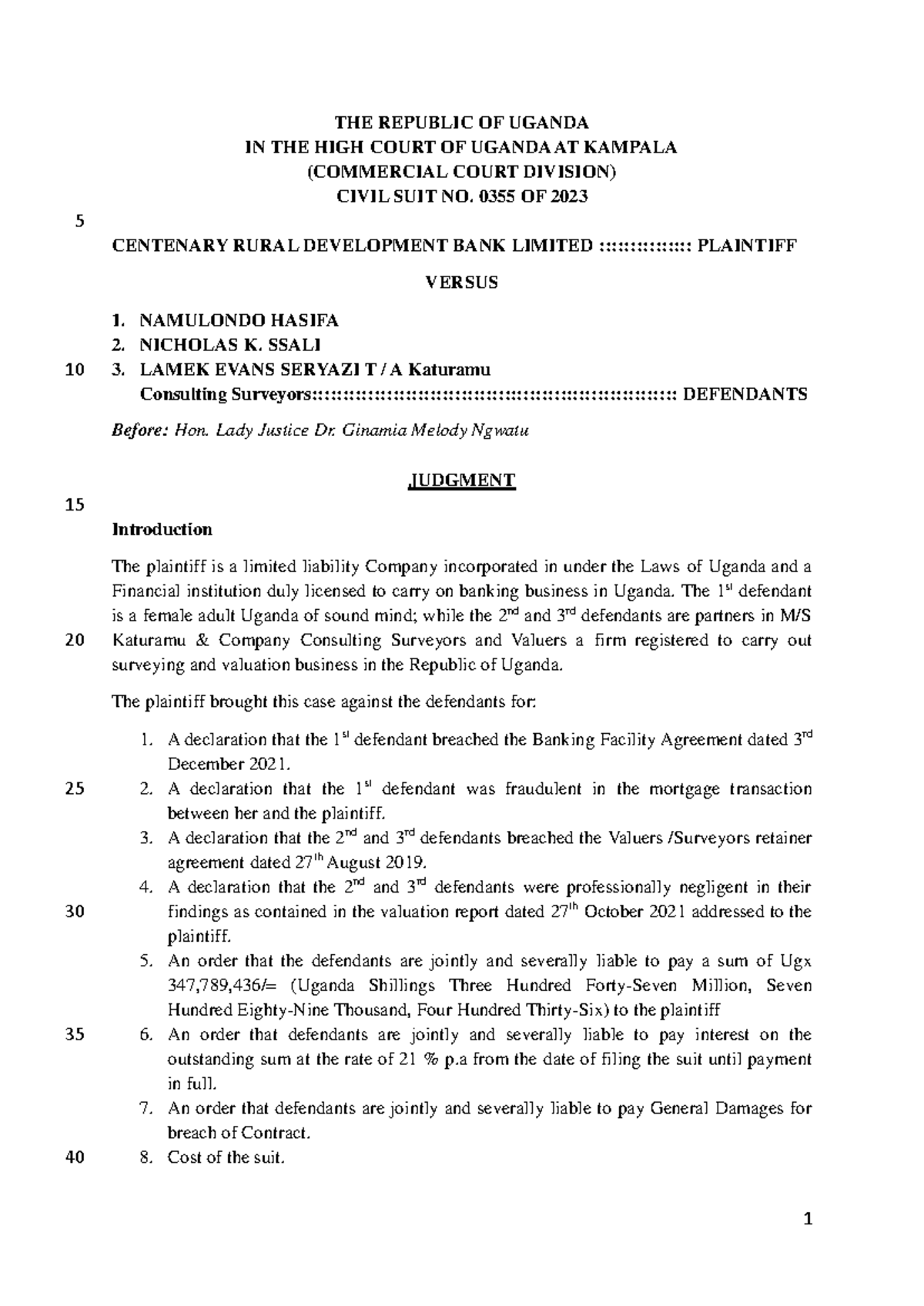 Centenary Rural Development Bank Ltd v. Namulondo Hasifa & Others ...