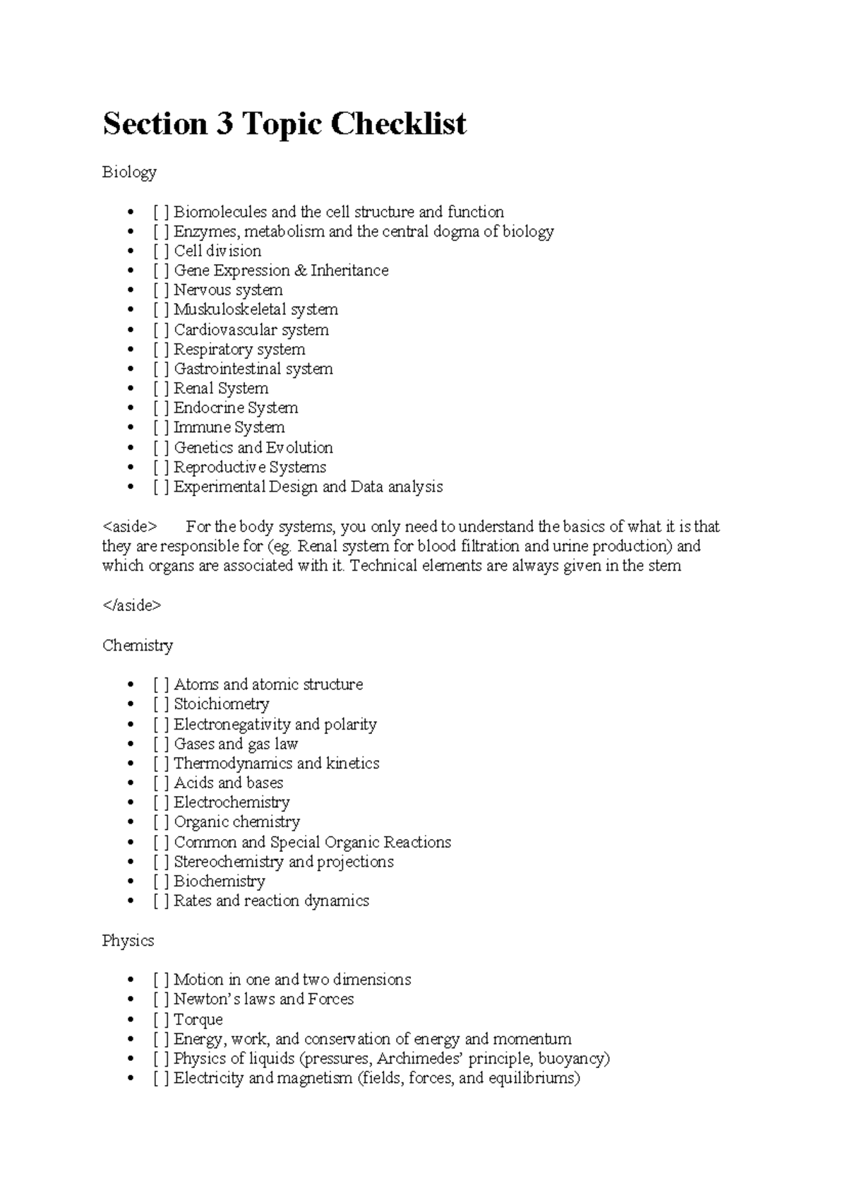Section 3 topic checklist: Biology, chemistry, and physics fundamentals ...