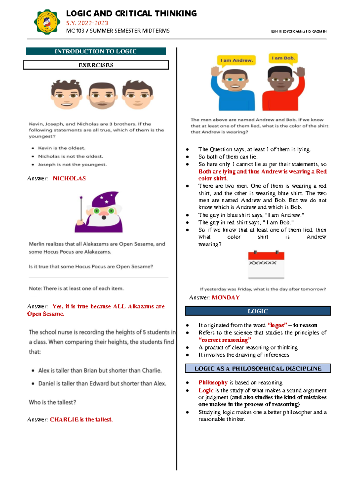 MC 103: Logic and Critical Thinking Midterm Exam Notes - Studocu