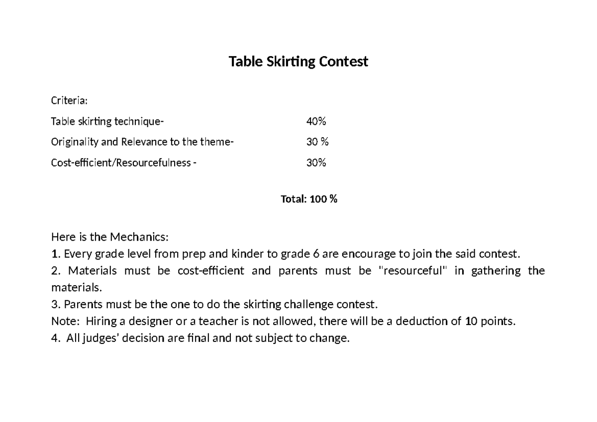 Table Skirting Contest Guidelines for Grades Prep-6 - Studocu