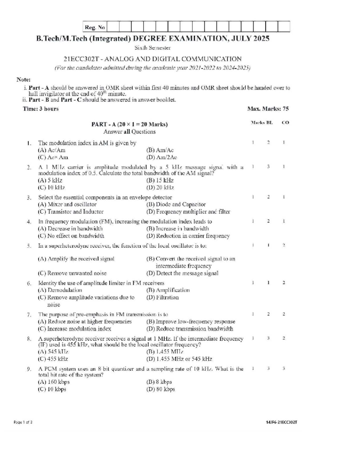21ECC302T Analog and Digital Communication Exam Notes - July 2025 - Studocu