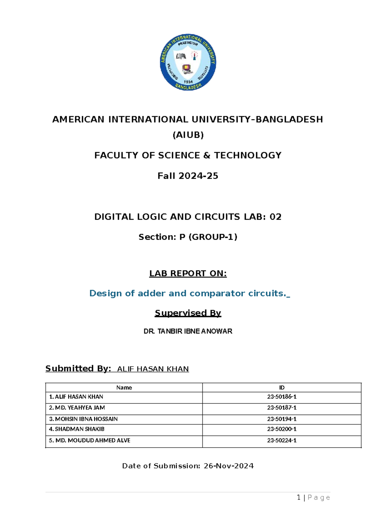 AIUB Digital Logic & Circuits Lab: Adder & Comparator Design Report ...