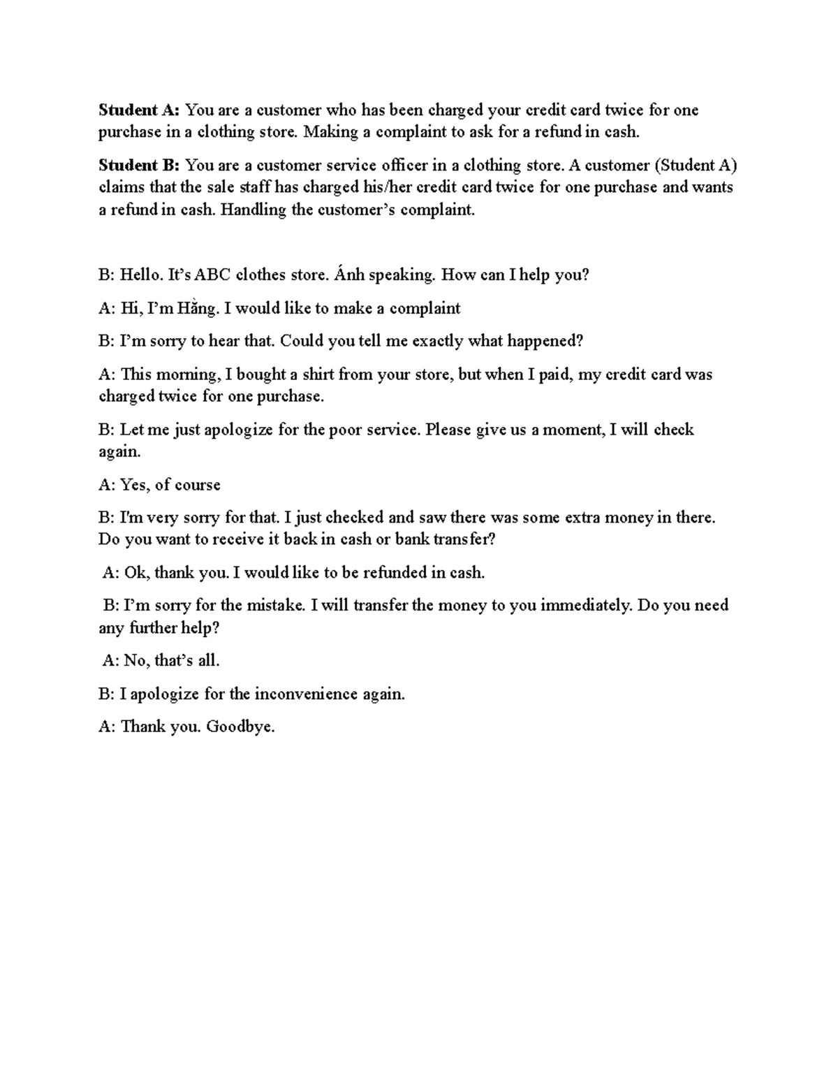 Unit 5 Speaking Practice: Complaint Handling Role Play - Studocu