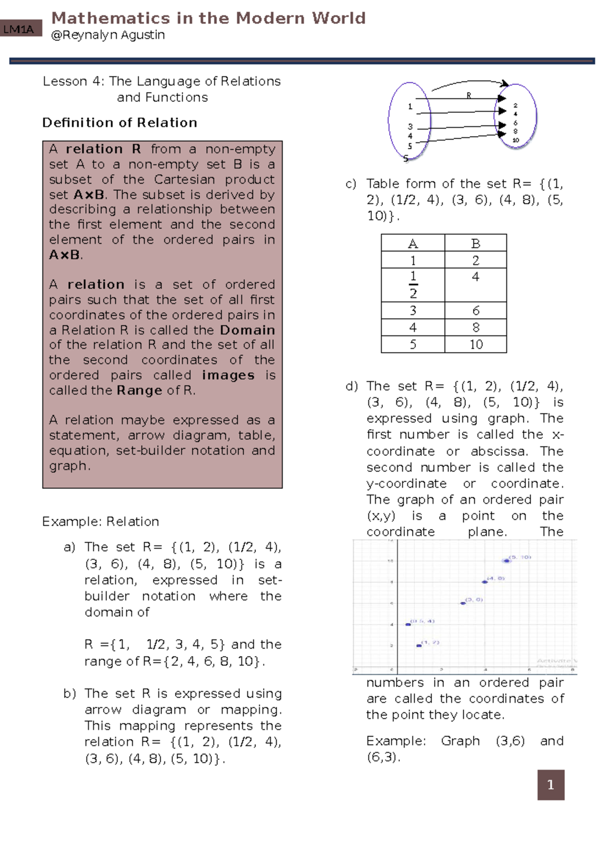 LM1A Mathematics in the Modern World Agustin Lesson 4: Relations ...