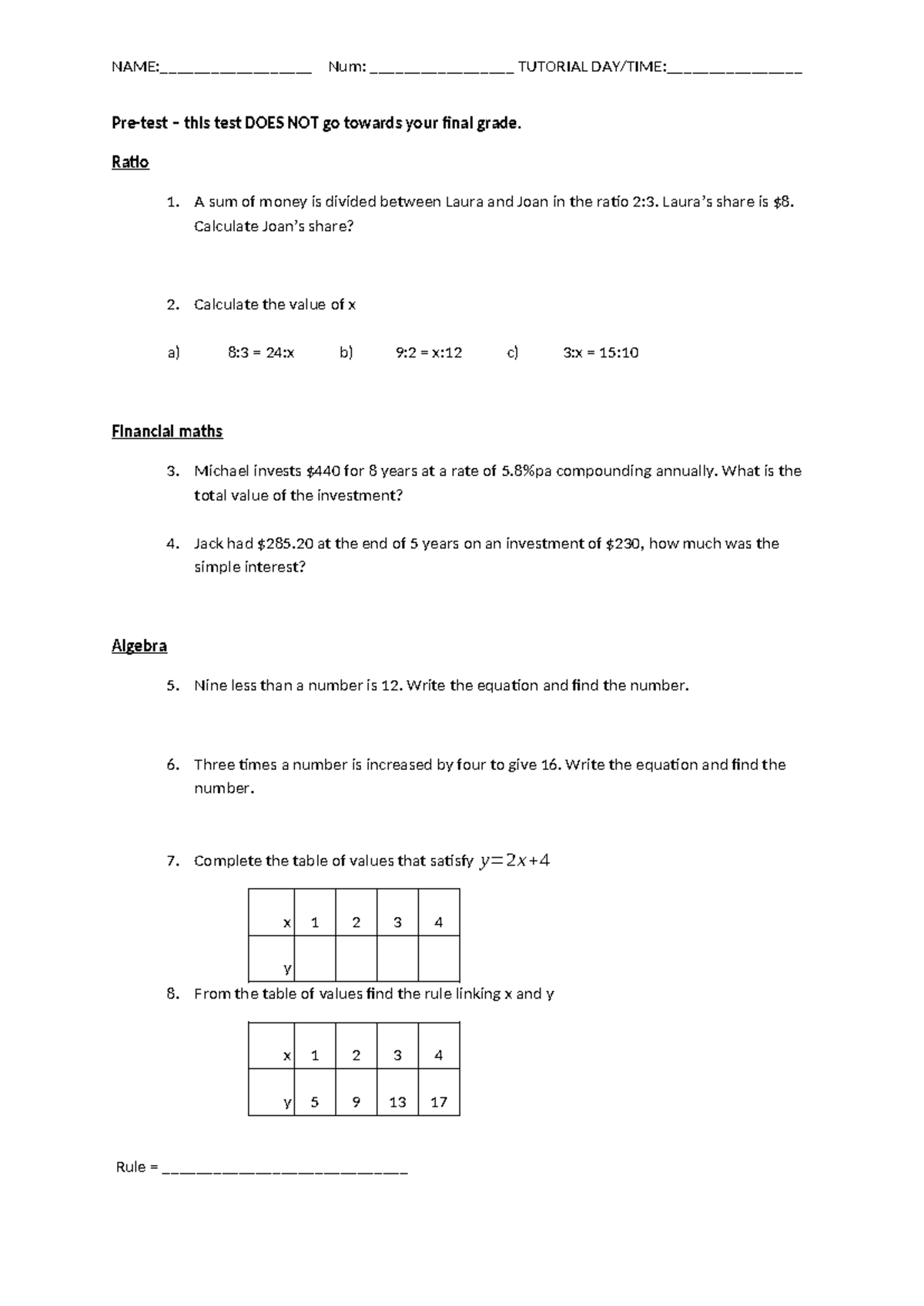 Pre-test Week 1 Maths: Ratio, Probability, and Data Analysis - Studocu