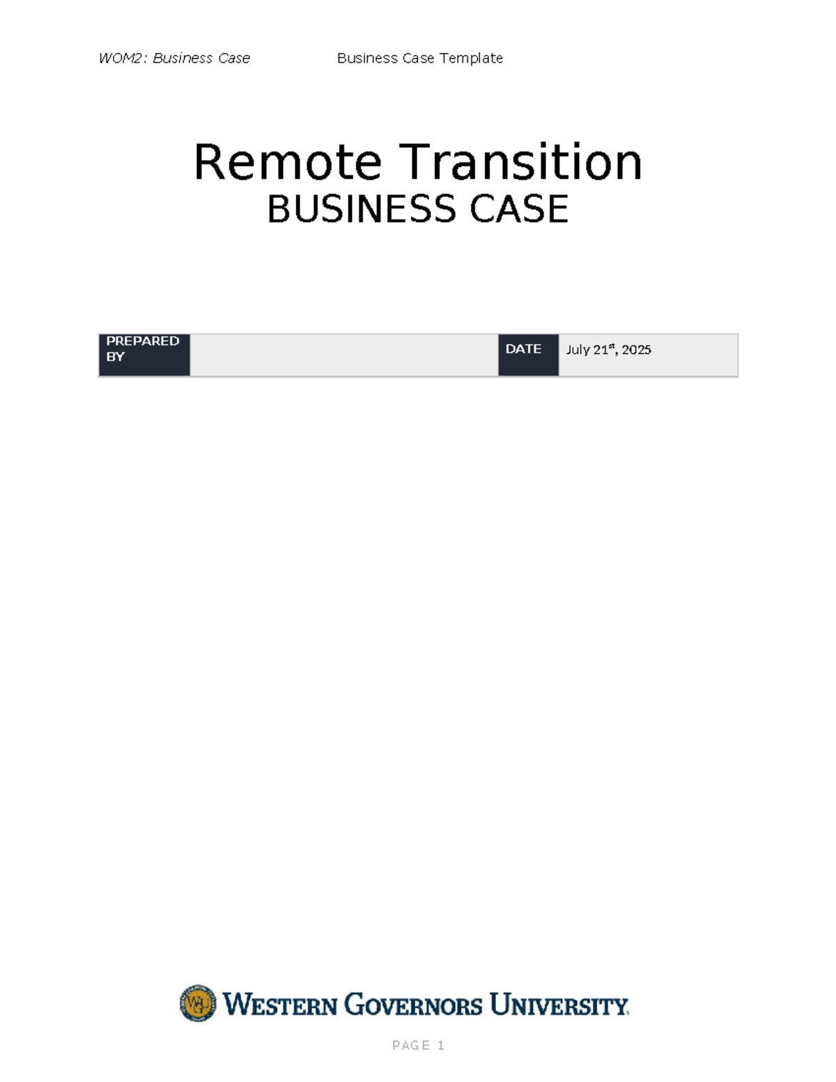 WOM2: Business Case Template for Remote Transition Project - Studocu