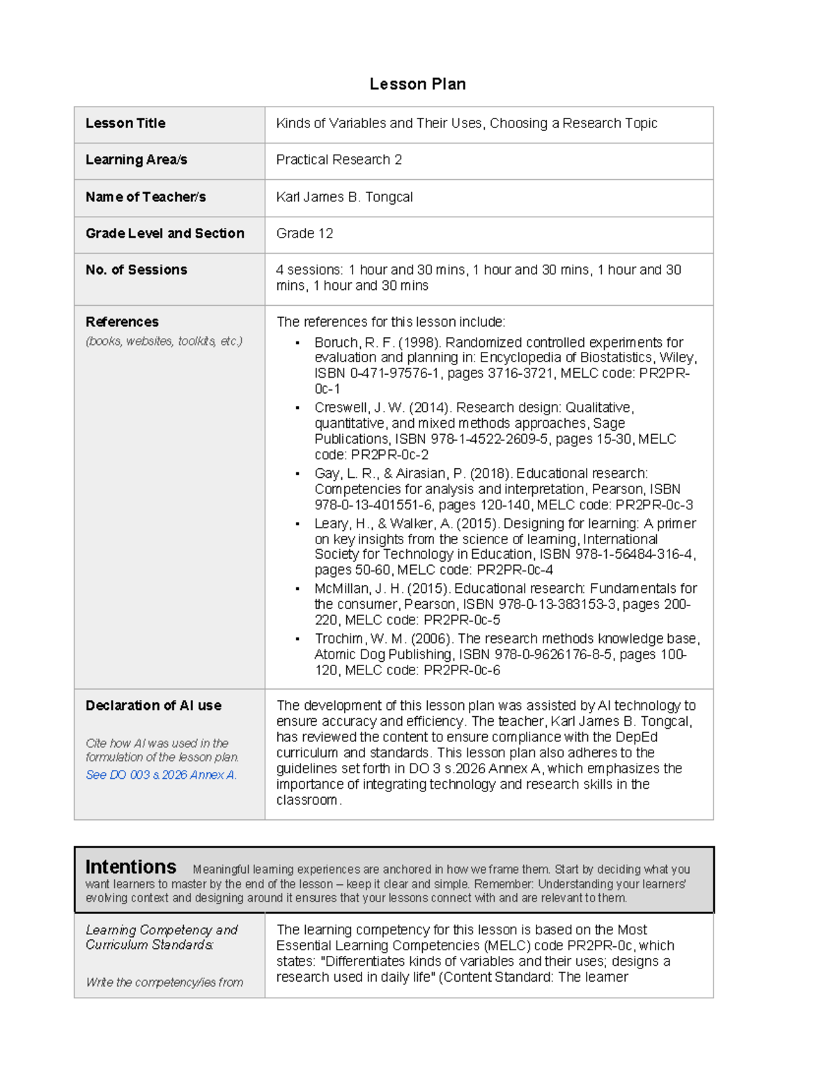 Lesson Plan: Kinds of Variables & Research Topic Selection (Practical ...