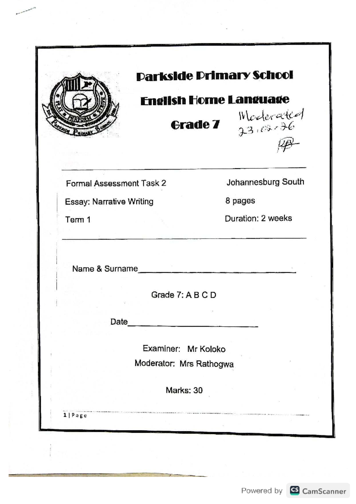 Grade 7 English Home Language Task 2: Narrative Writing Guide - Studocu