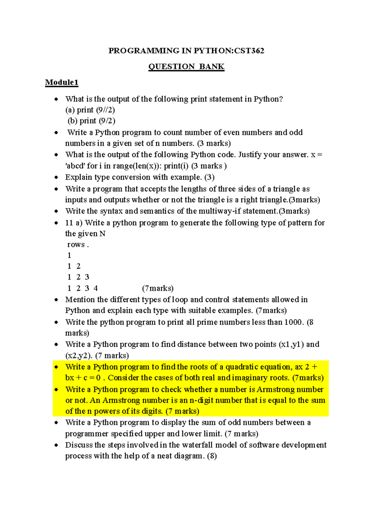 CST362 Programming in Python: Comprehensive Question Bank for Modules 1 ...