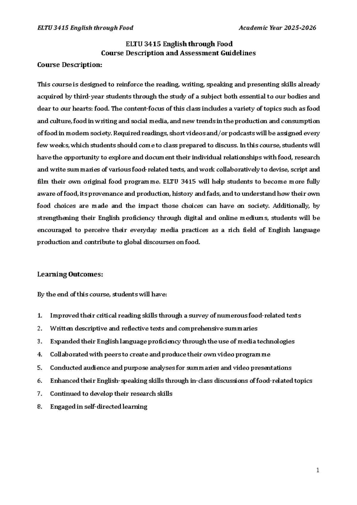 ELTU 3415 English through Food: Course & Assignment Guidelines 2025 ...