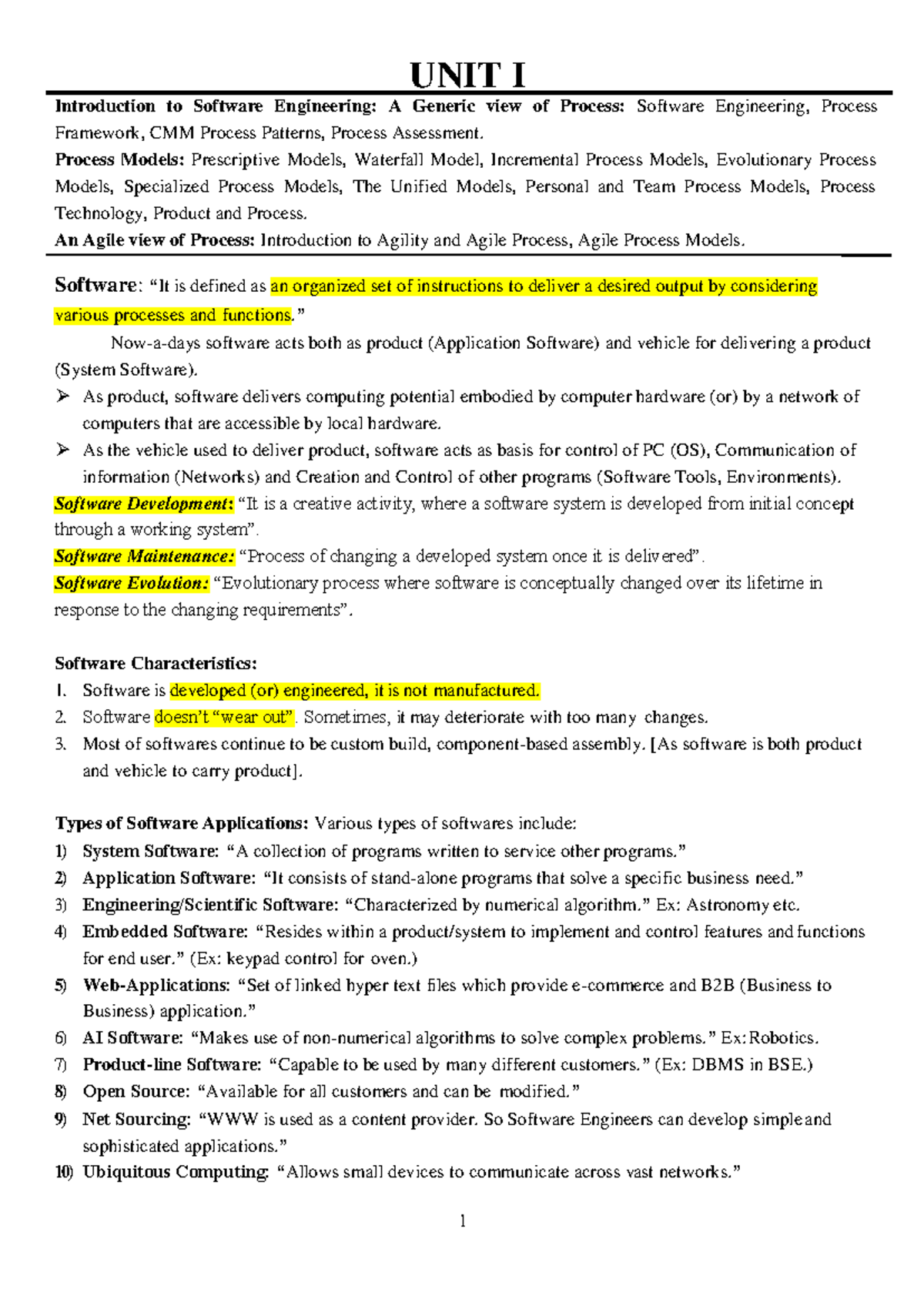 SE CSE notes UNIT I Introduction to Software Engineering A