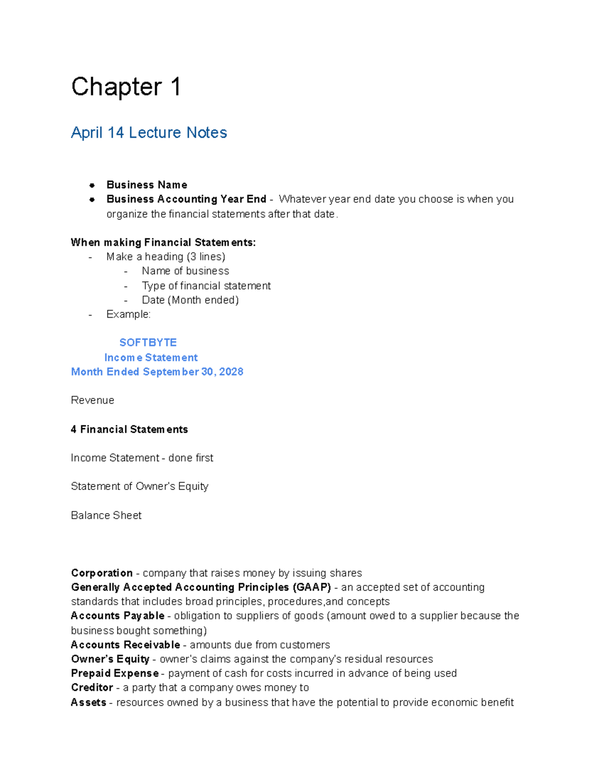 ACC 101 Chapter 1 Lecture Notes: Business Accounting Essentials - Studocu