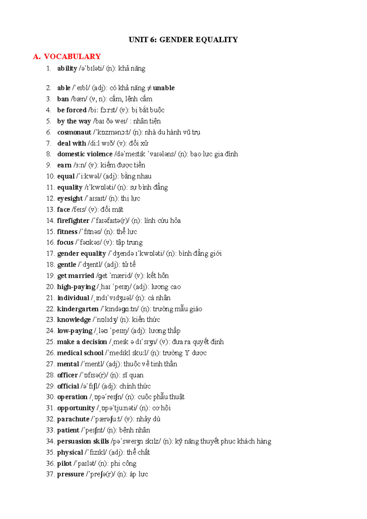 UNIT 6: GENDER EQUALITY - VOCABULARY & GRAMMAR NOTES - Studocu