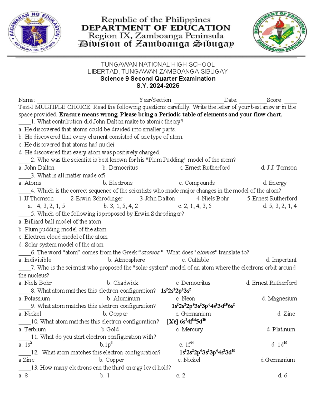 Grade 9 Science 2nd Grading Test Questions - S. 2024 - Studocu