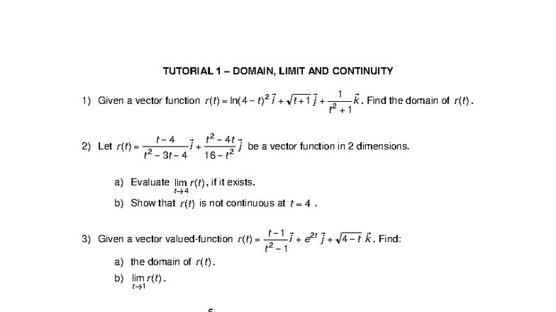 Tutorial 1: Domain, Limit, and Continuity in Vector Functions - Studocu