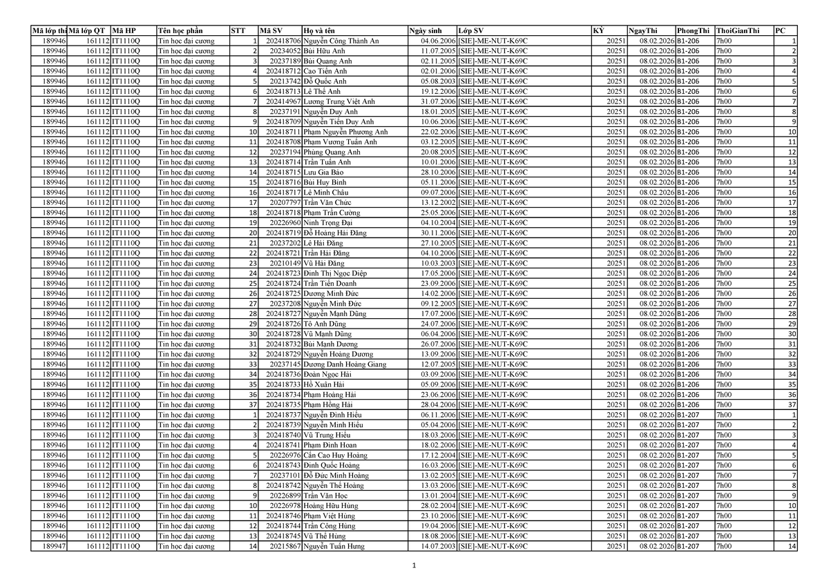 LTCK 20251 - Final Exam Schedule for Tin Học Đại Cương - Studocu