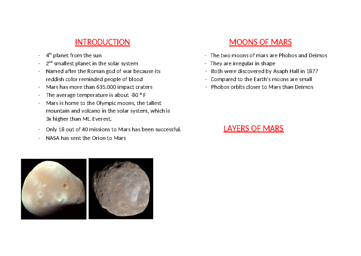 INTRODUCTION: Overview of Mars and Its Moons - Planetary Study - Studocu