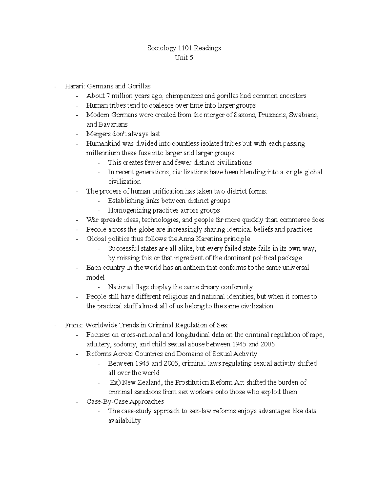 Sociology 1101 Readings Unit 5 - Studocu