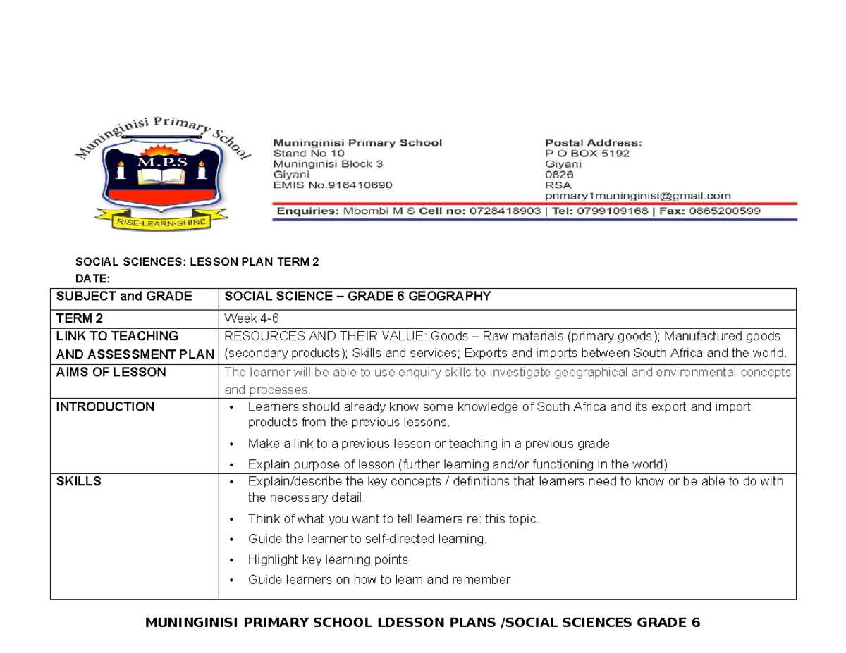 SOCIAL SCIENCES GRADE 6: TERM 2 LESSON PLAN ON GEOGRAPHY - Studocu
