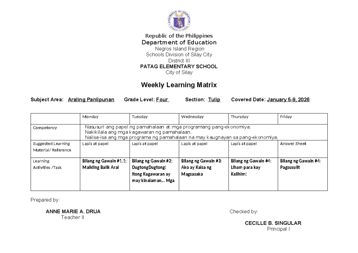 Weekly Learning Matrix: Araling Panlipunan & Math (Grade 4 & 6) - Jan ...