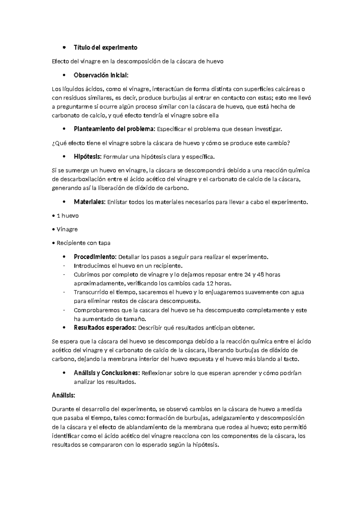 Huevo - dfffffff - Título del experimento Efecto del vinagre en la ...