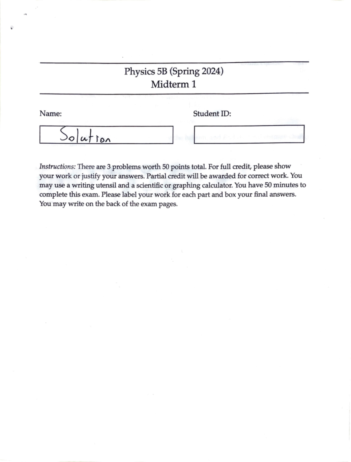 Physics 5B - Midterm 1 Solutions (Spring 2024) - Studocu
