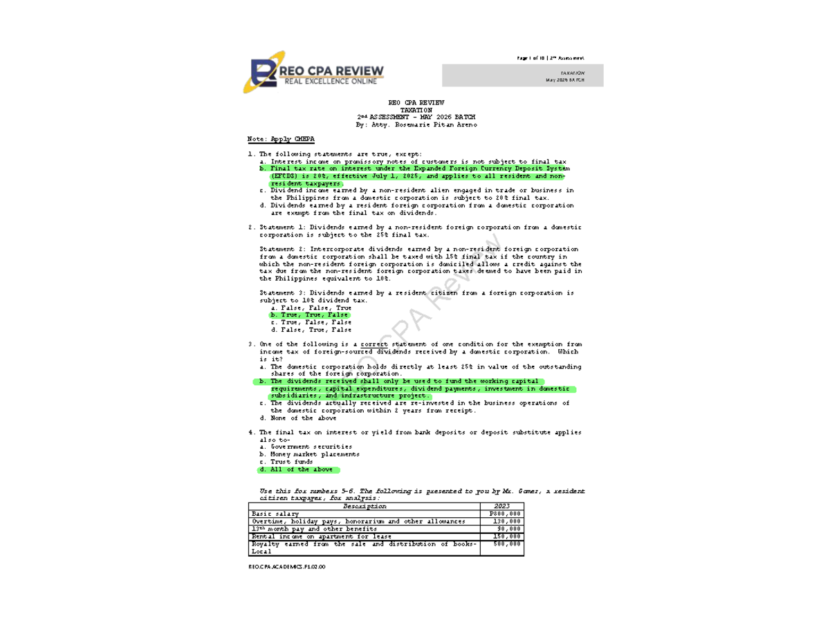 2nd Assessment TAXATION May 2026 BATCH REO CPA REVIEW Notes - Studocu