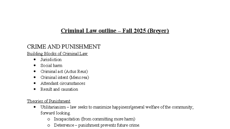 Criminal Law Outline (CRIM 101) - Fall 2025 Final Exam Notes - Studocu