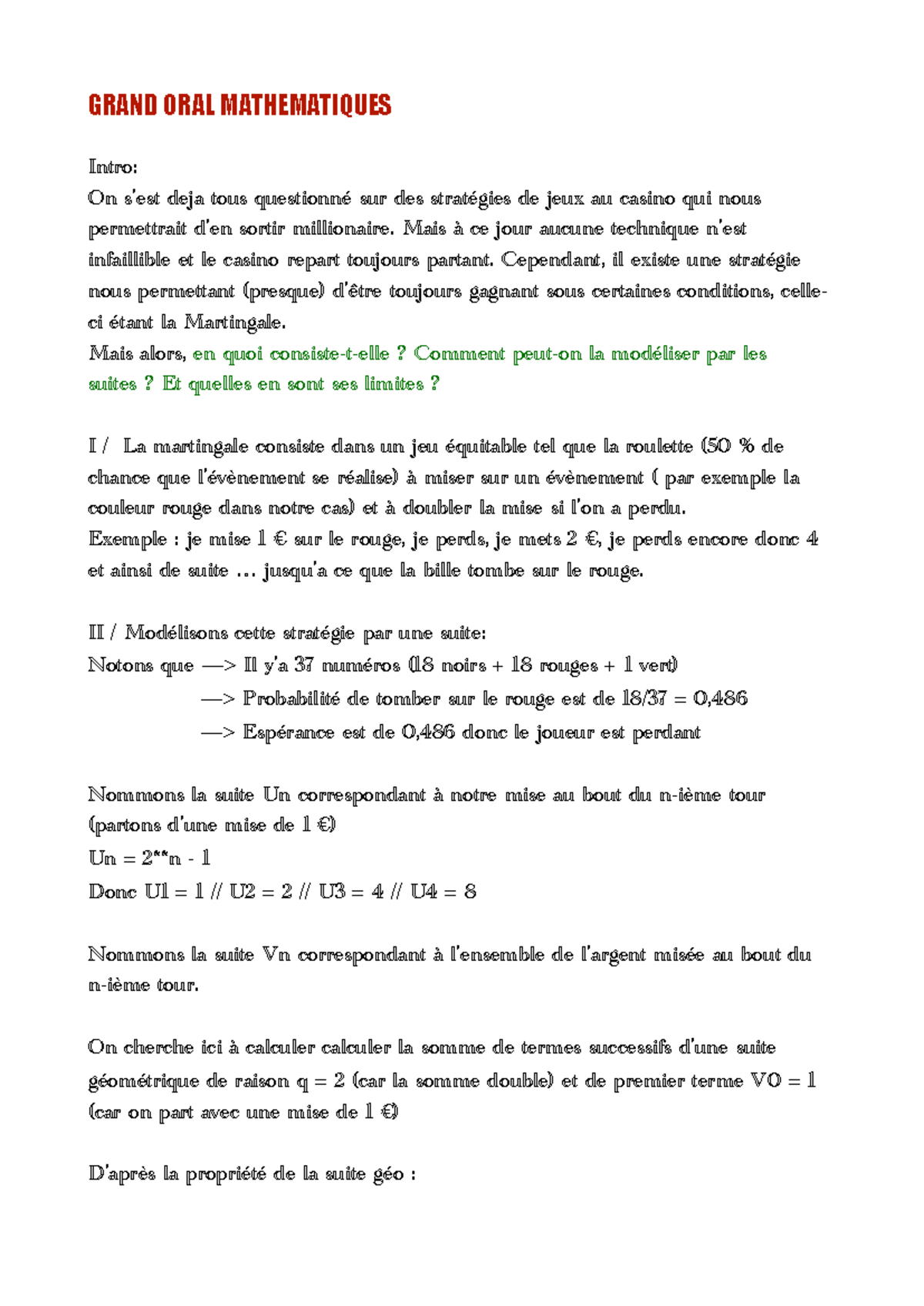 GRAND ORAL MATHEMATIQUES Stratégie de la Martingale et Modélisation — free download