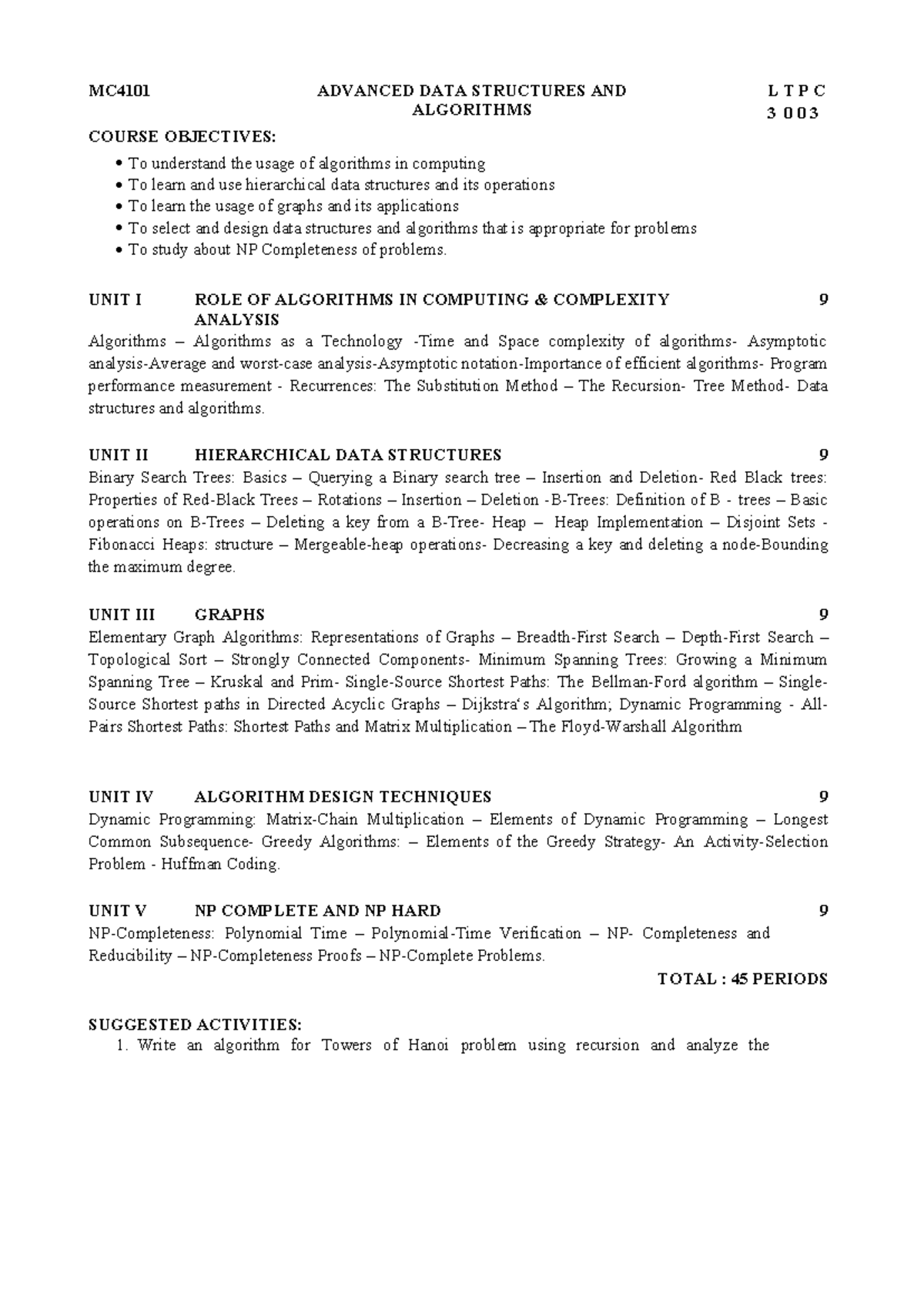 MC4101 Advanced Data Structures & Algorithms Lecture Notes - Studocu