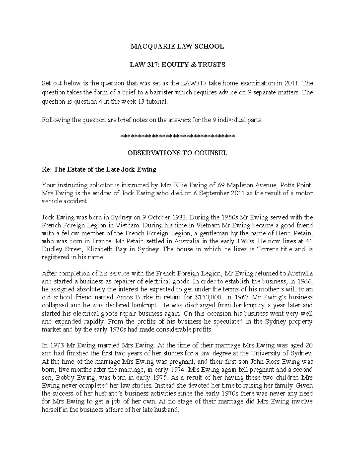 LAW317 Final Exam 2011: Equity & Trusts - Q&A with Brief Solutions ...