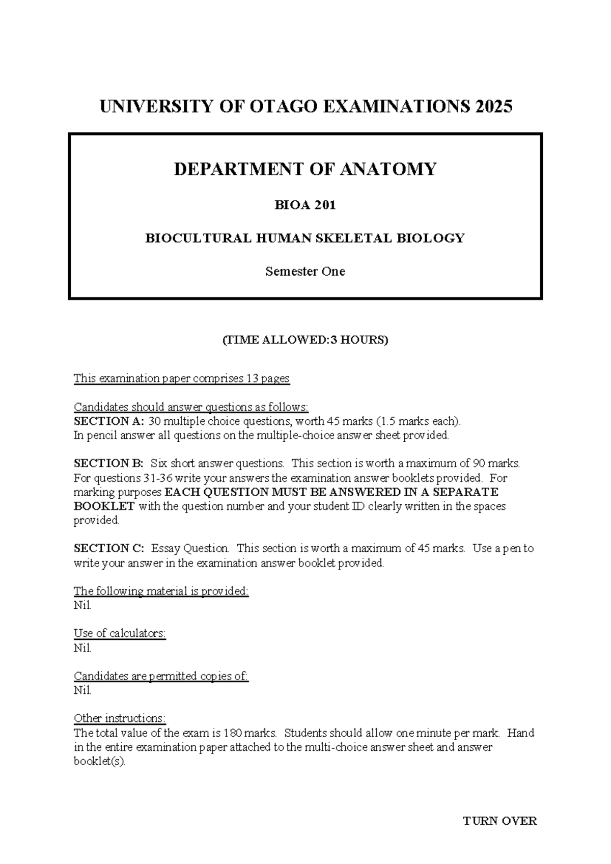 BIOA 201 2025 S1 - Biocultural Human Skeletal Biology Exam Guide - Studocu