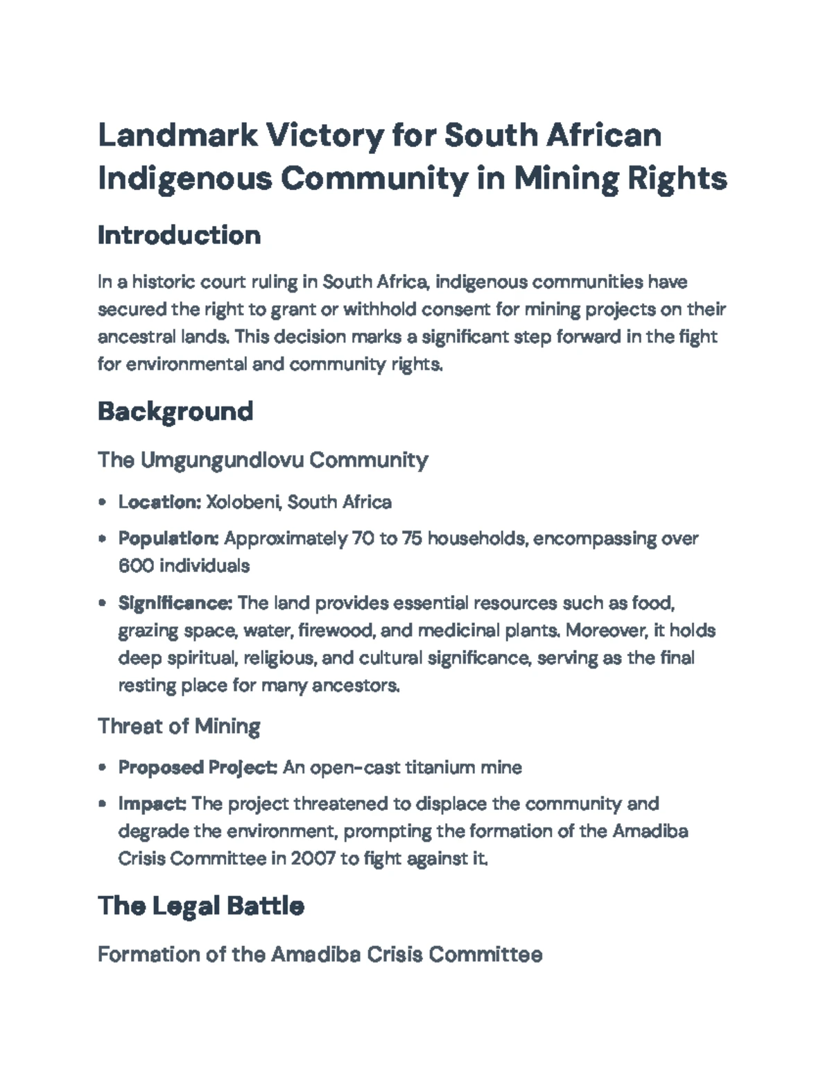 SA Indigenous Community's Landmark Victory on Mining Rights Case - Studocu