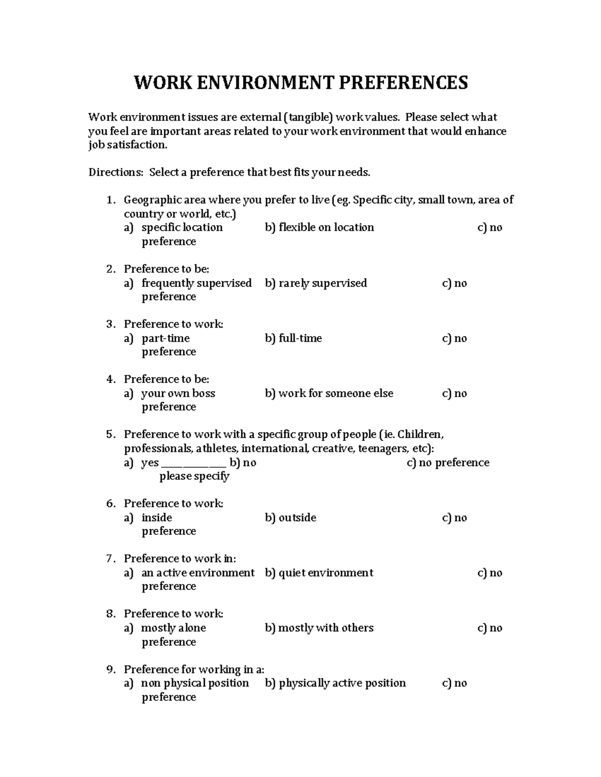 WORK Environment Preferences - WORK ENVIRONMENT PREFERENCES Work ...