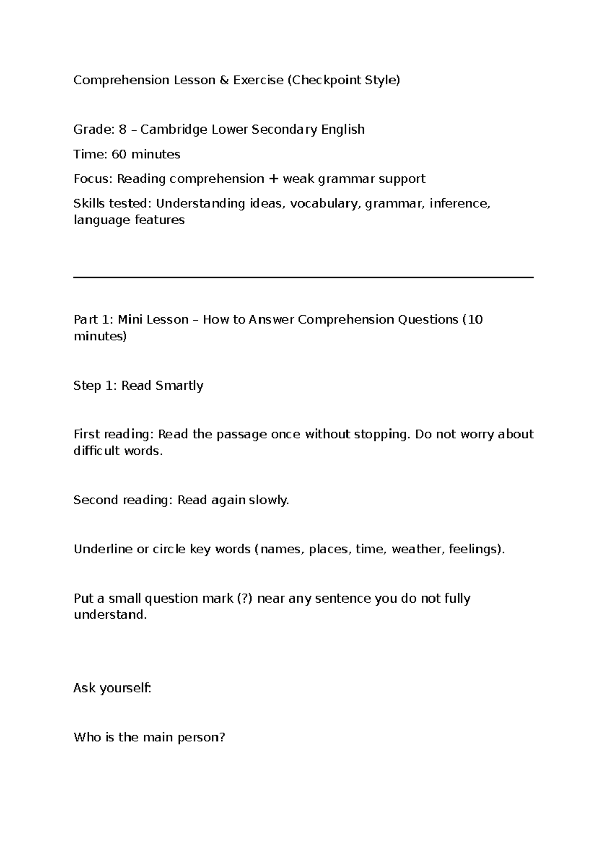 Checkpoint Style Comprehension Lesson Exercise for Grade 8 - Studocu