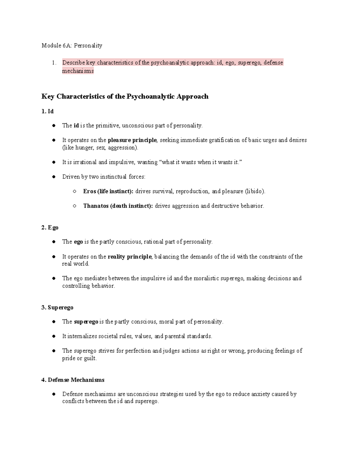 Psychology Review - Study Guide for Module 6A: Personality Concepts ...