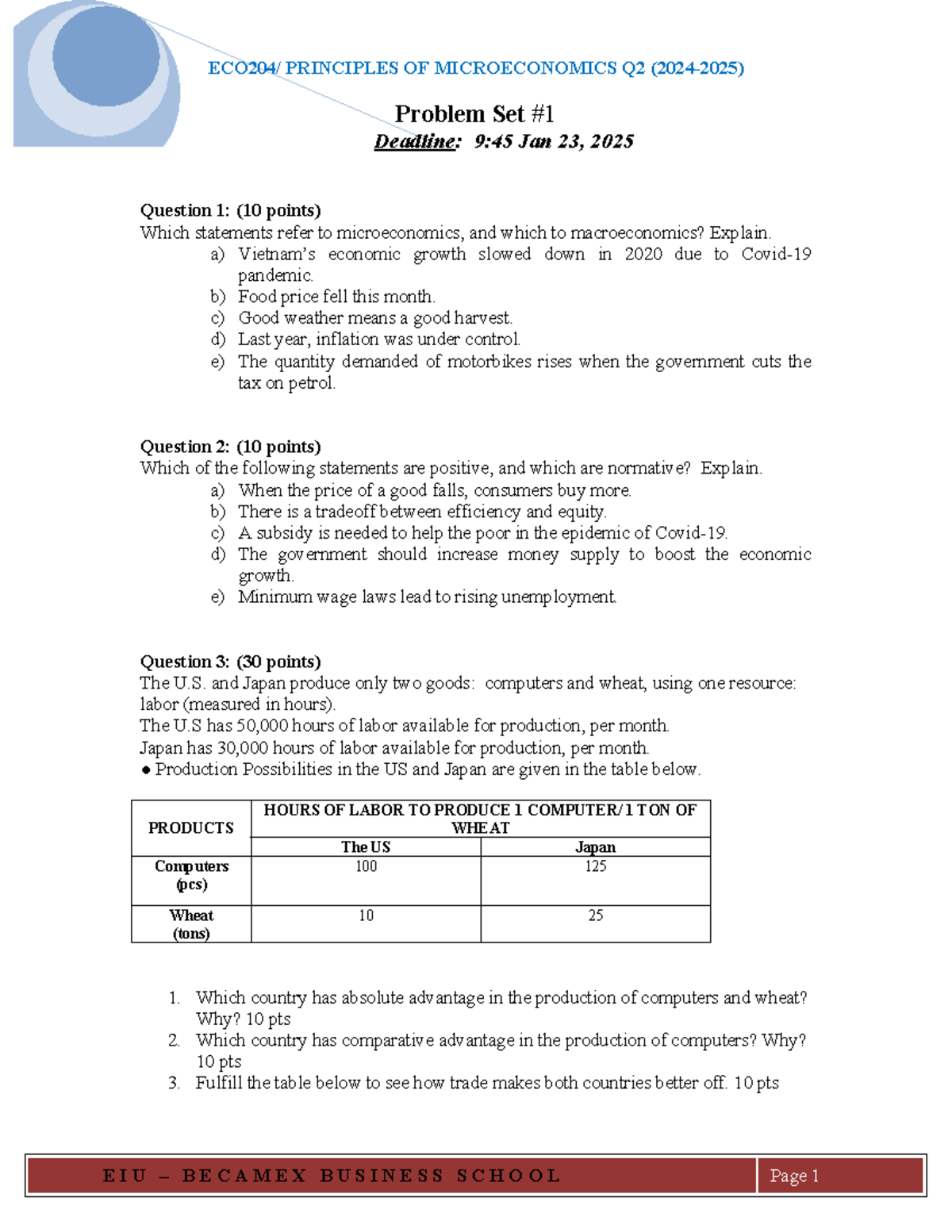 Problem set 01 - HW microeconomics - E I U – B E C A M E X B U S I N E ...