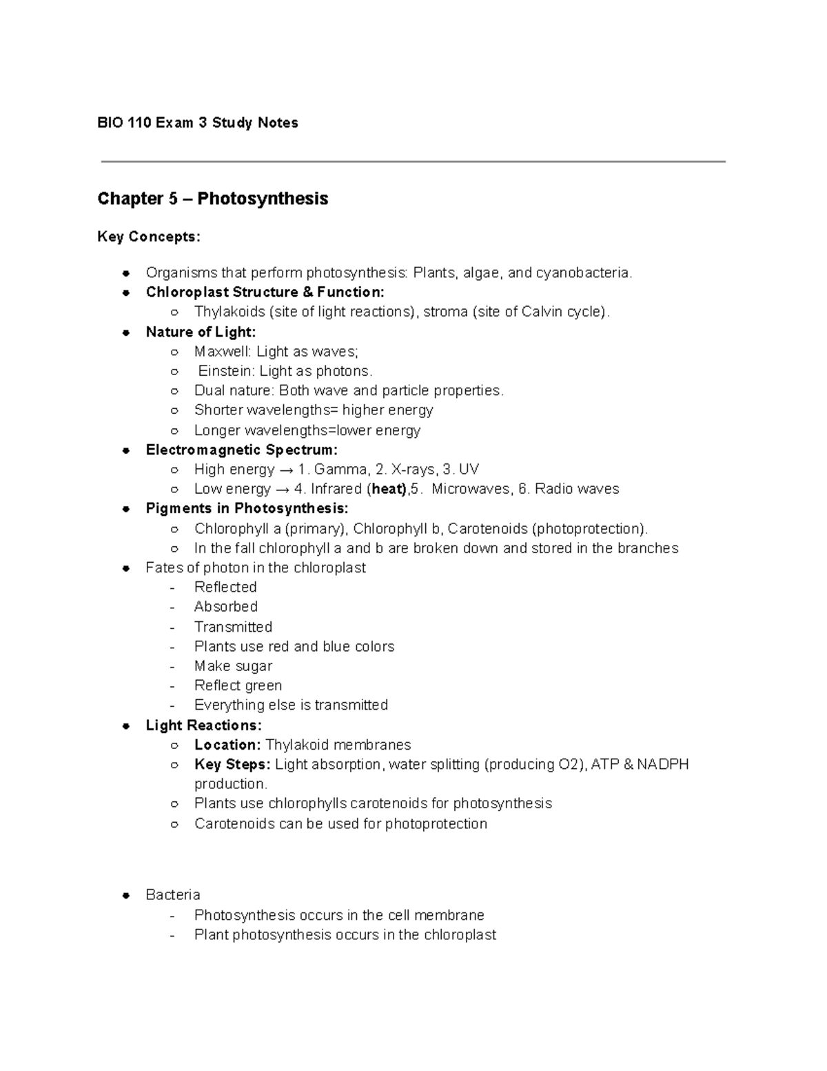 BIO 110 Exam 3 Study Notes: Photosynthesis, Mitosis, Meiosis, Genetics ...