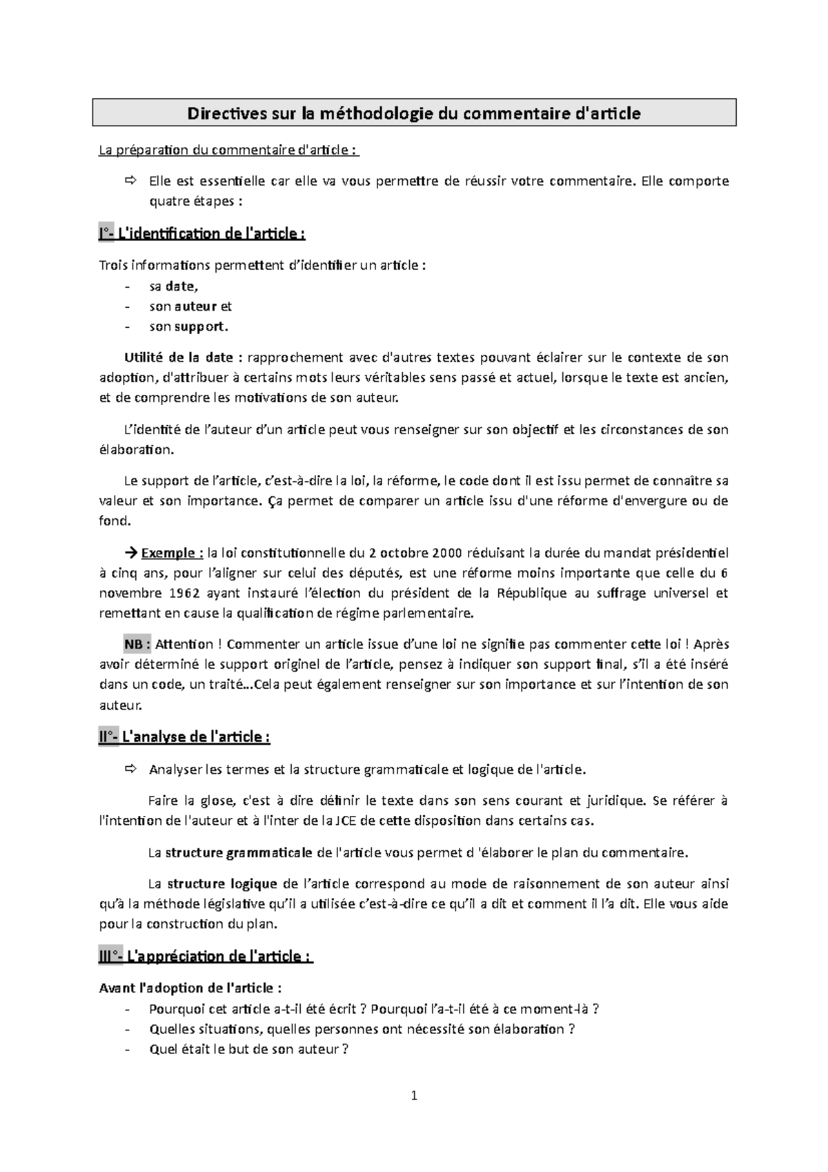 Méthodologie Pour Commentaire D Article Directives Clés Studocu