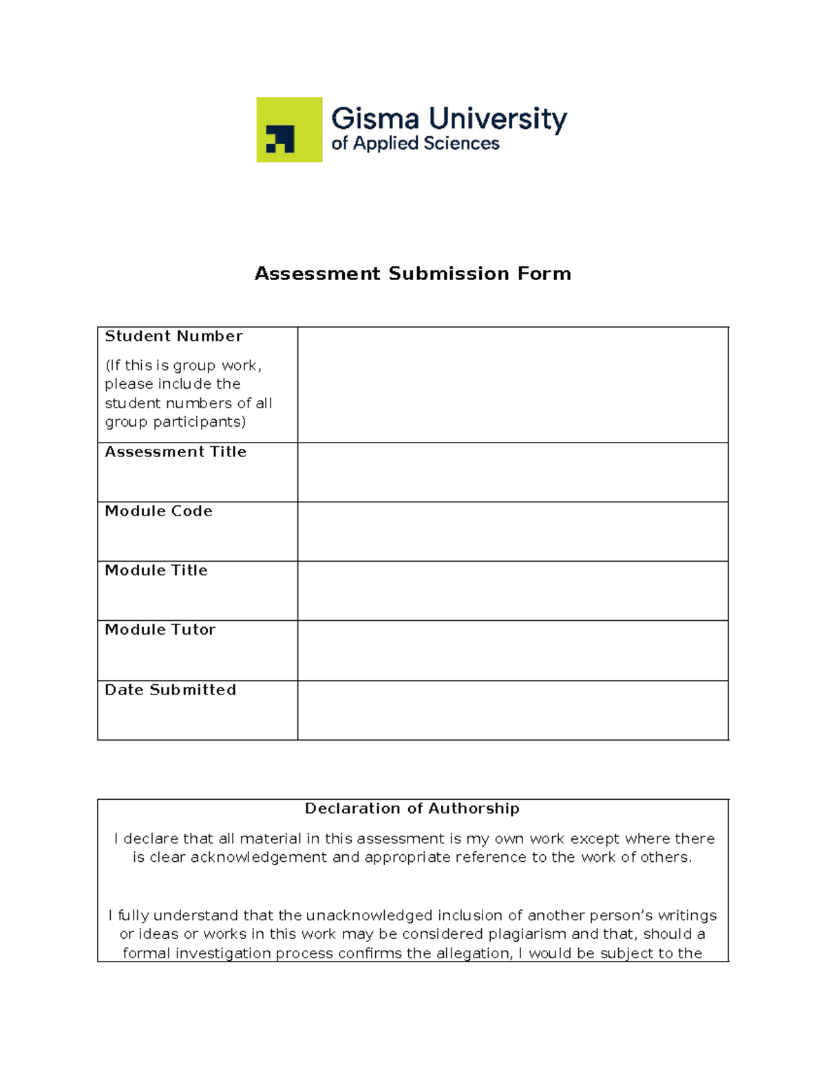 Assessment Submission Form Template for All Modules - Studocu