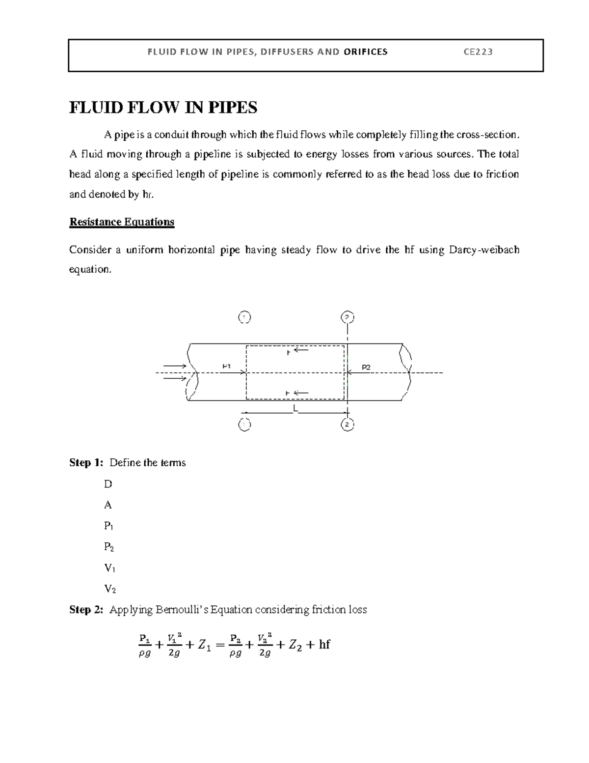 CE223 - Handout - FLUID FLOW IN PIPES A pipe is a conduit through which ...