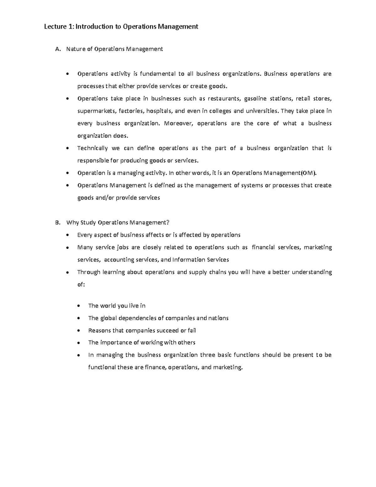 Nature & Importance of Operations Management (OM) Overview - Studocu